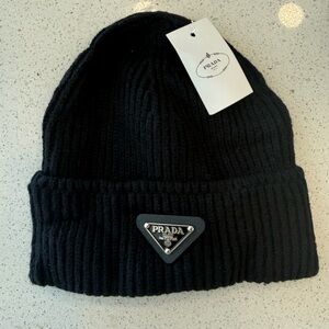 Prada Ribbed Black Beanie